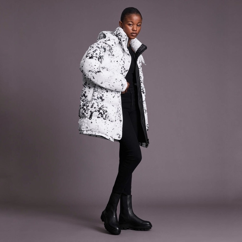 NWT All Saints Pember Puffer Jacket in black and white print